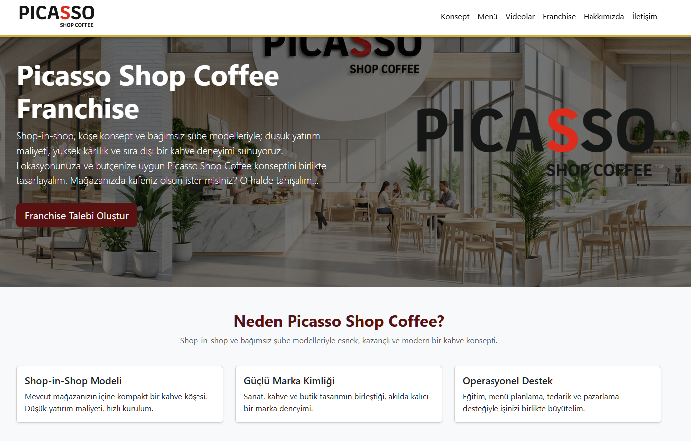 İşe özel web sitesi tasarımı Picasso Shop Coffee